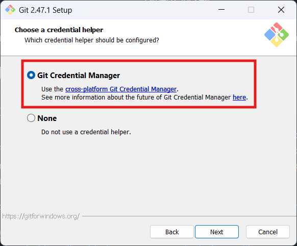 Screenshot shows selection, Enable Git Credential Manager during Git for Windows install.