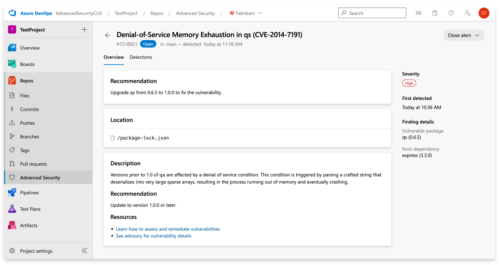 Screenshot showing details for a dependency scanning alert