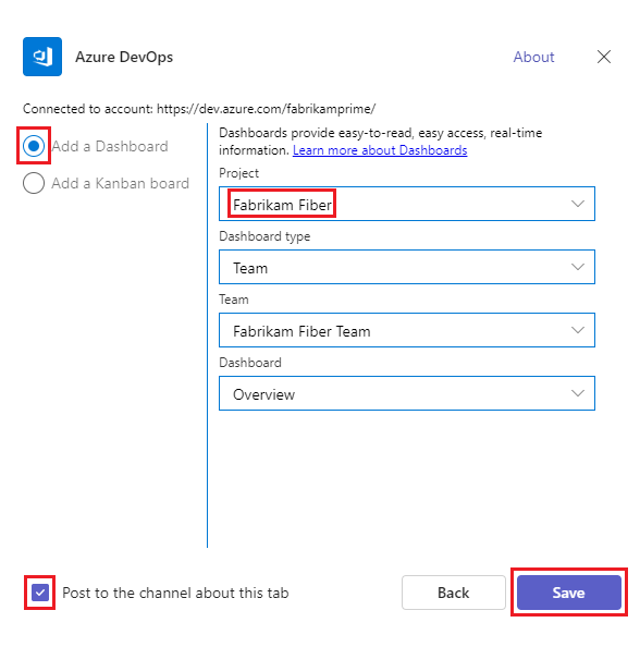 Screenshot that shows adding a Dashboard for Azure DevOps in Teams.