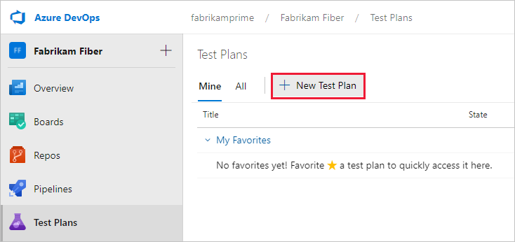 Screenshot of creating a new test plan for Azure DevOps Server 2020 and Azure DevOps Services.