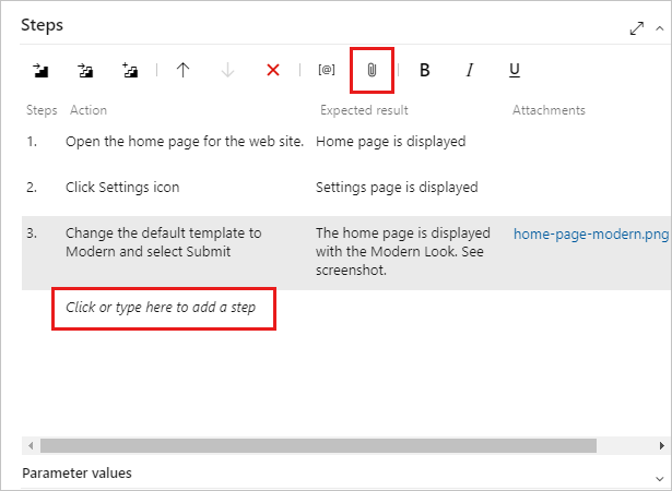 Screenshot showing the steps entered for a test case.