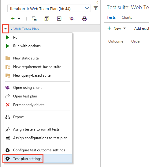 Screenshot shows choosing Test plan settings.