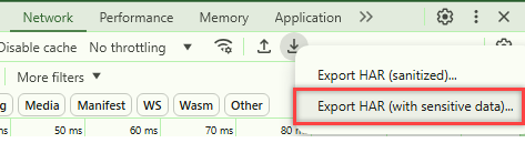 Screenshot shows highlighted selection, Export HAR (with sensitive data), in Google Chrome.