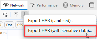 Screenshot shows highlighted selection Export HAR with sensitive data in Microsoft Edge.