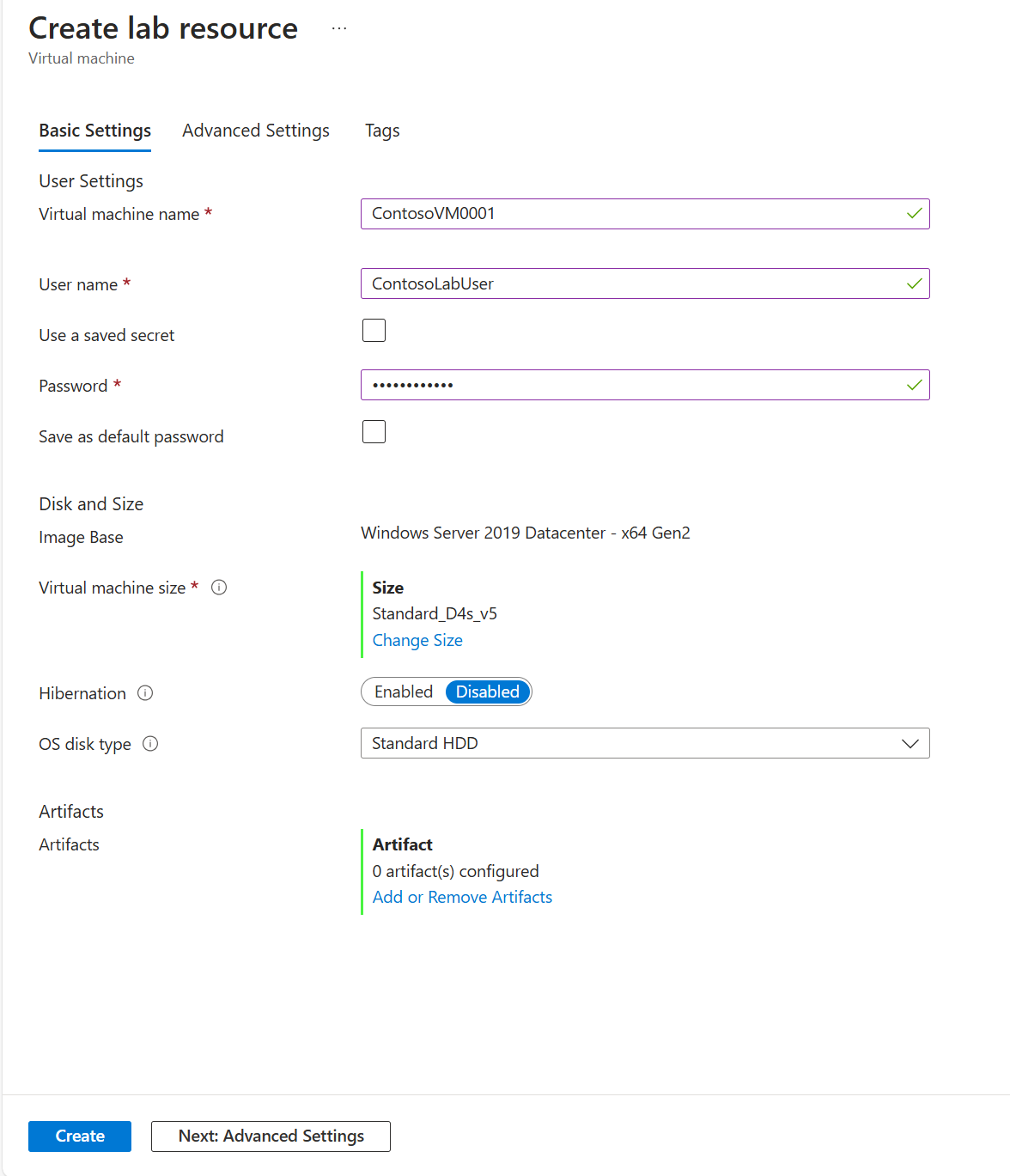 Virtual machine basic settings page.