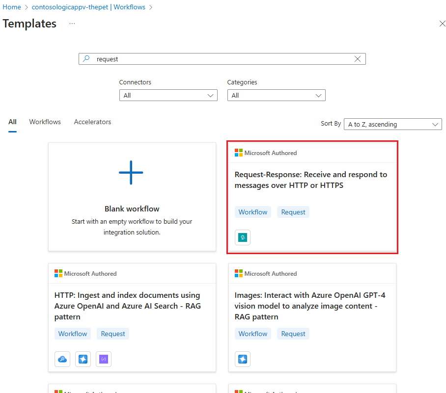 Screenshot showing the HTTP Request Response template.