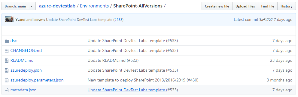 Screenshot that shows key ARM template files in a repository.