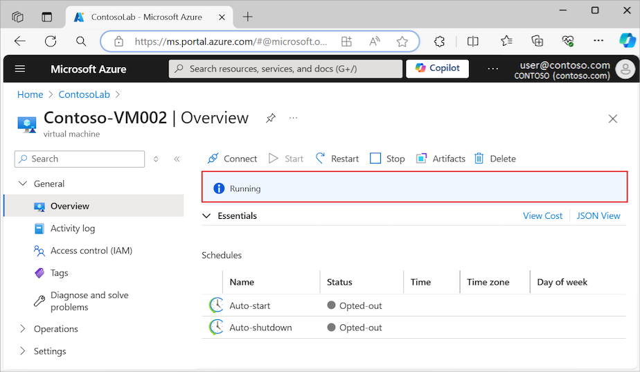 Screenshot that shows how to confirm the DevTest Labs virtual machine is running.