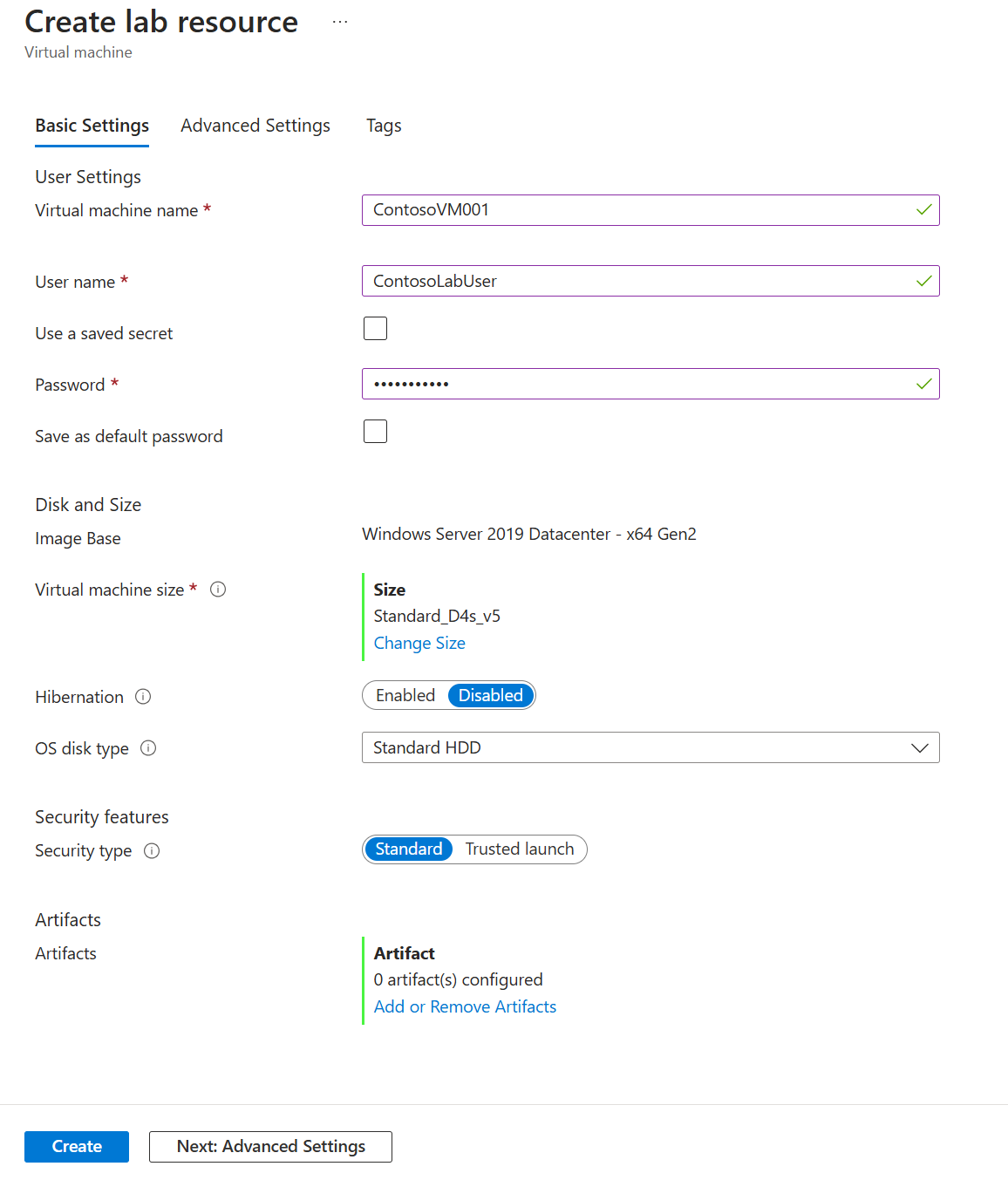 Screenshot of the Basic Settings tab of the Create lab resource page.