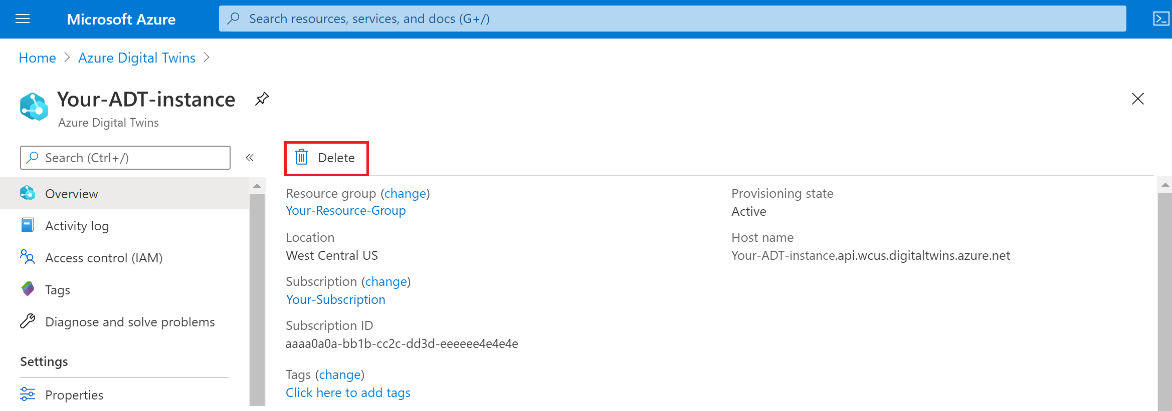 Screenshot of the Azure Digital Twins instance details in the Azure portal, on the Overview tab. The Delete button is highlighted.