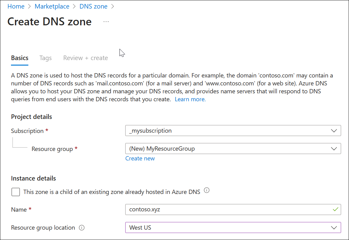 A screenshot showing how to create a DNS zone.