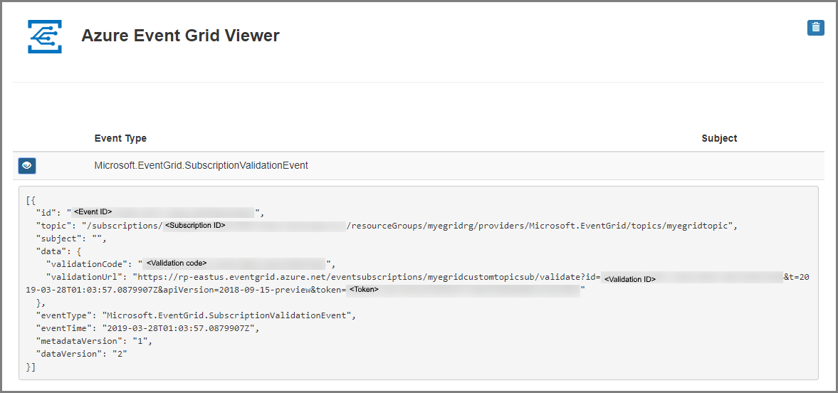 Screenshot of the Event Grid Viewer app with the Subscription Validated event.