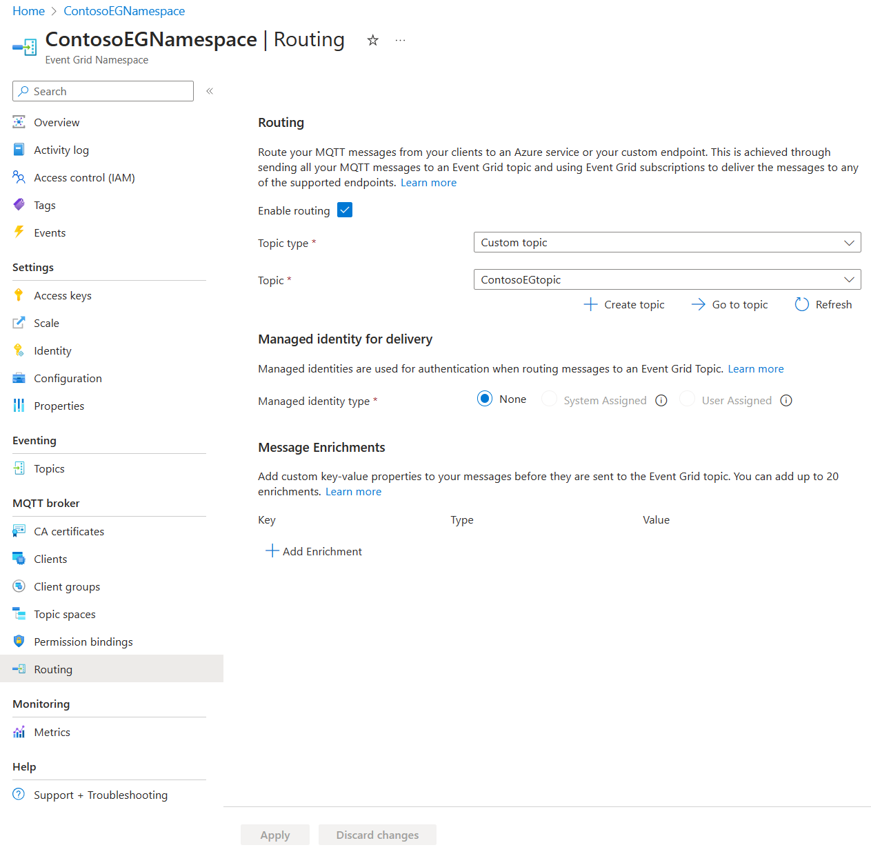 Screenshot showing the routing configuration through the portal.