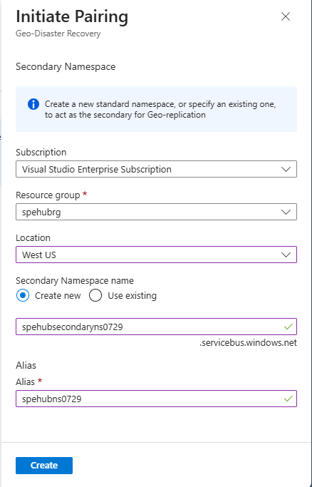 Screenshot that shows the selection of the secondary namespace for pairing.