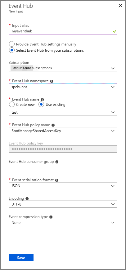 Event hub input configuration