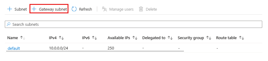 Screenshot that shows the button to add the gateway subnet.