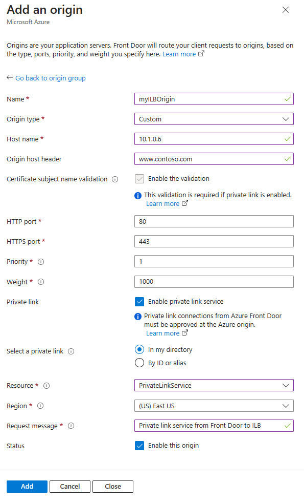 Screenshot of enabling private link to an internal load balancer using an IP address.