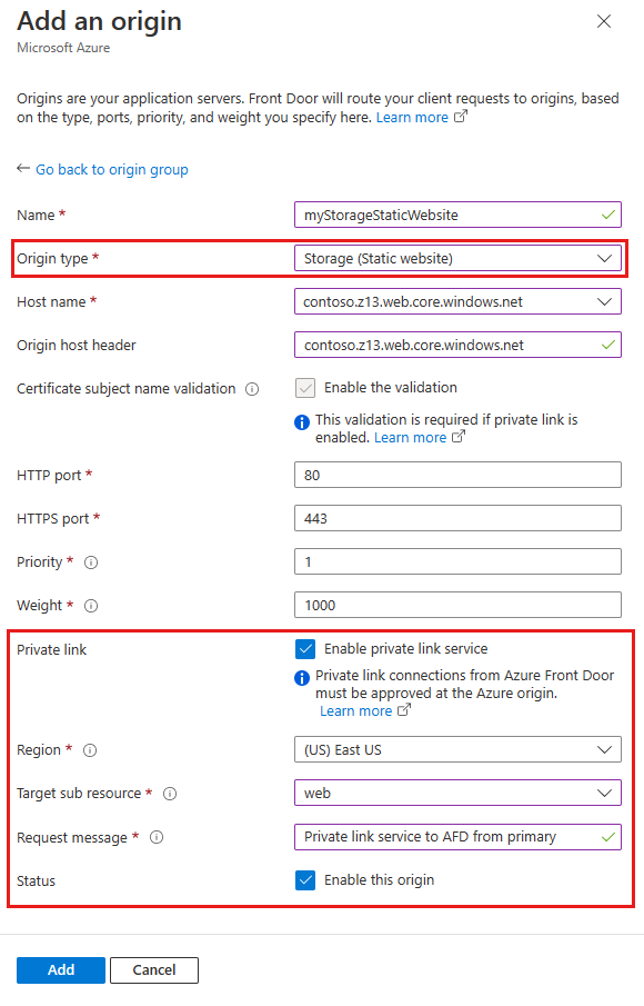 Screenshot of enabling private link to a storage static website primary.