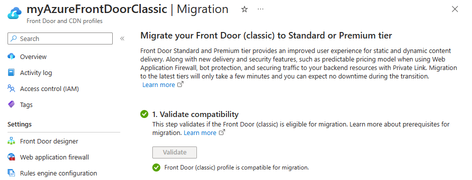 Screenshot of the Azure Front Door (classic) profile passing validation for migration.