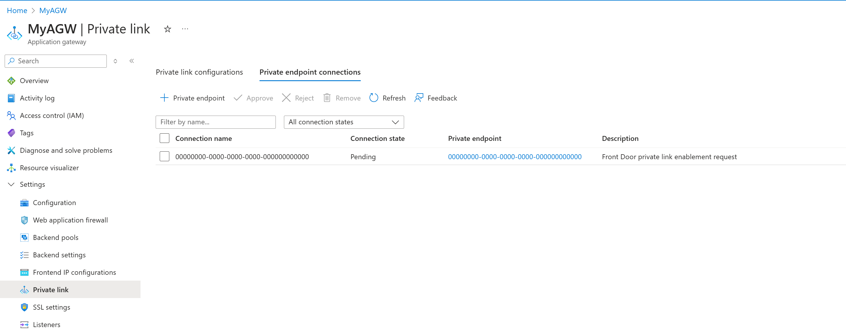 Screenshot of private endpoint connections tab in Application Gateway portal.