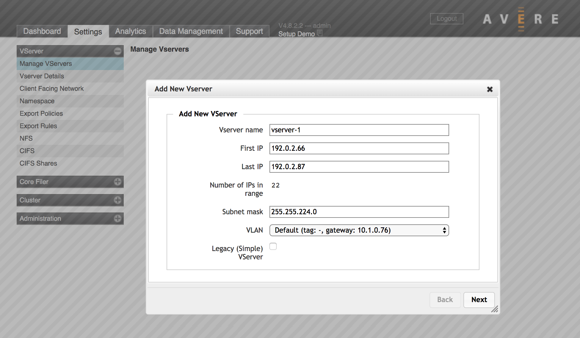 pop-up window for creating a new vserver