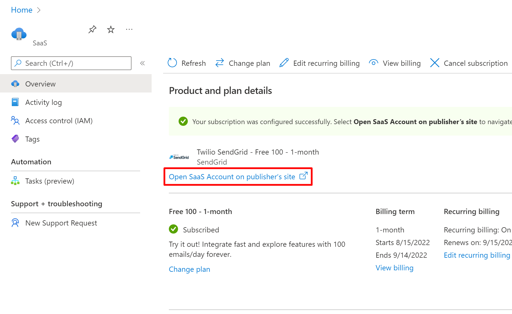 Screenshot that shows a SendGrid overview in the Azure portal.