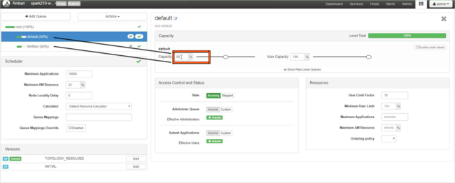 Change the capacity to 25% for the default and thriftsvr queues.