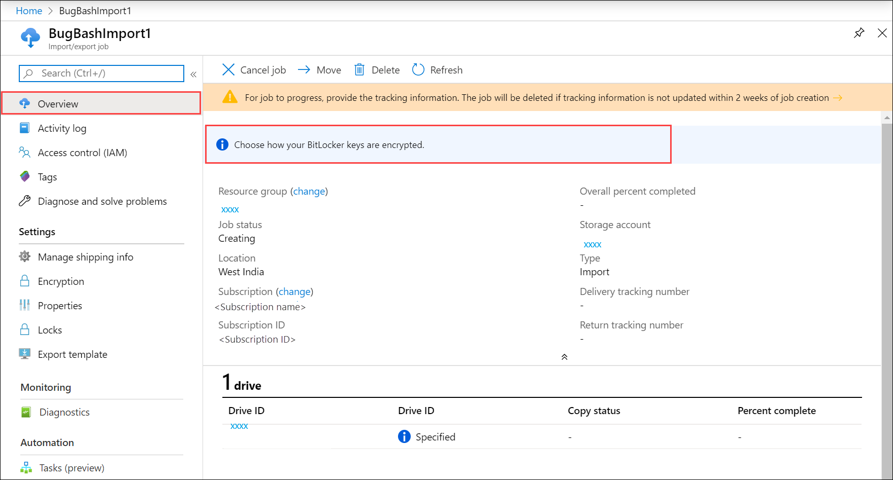 Screenshot of Overview blade for Azure Import/Export job. Overview menu item and link that opens BitLocker key options are highlighted.