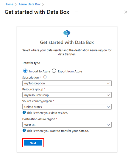 Screenshot of options to select the Transfer Type, Subscription, Resource Group, and source and destination to start a Data Box order in the Azure portal.