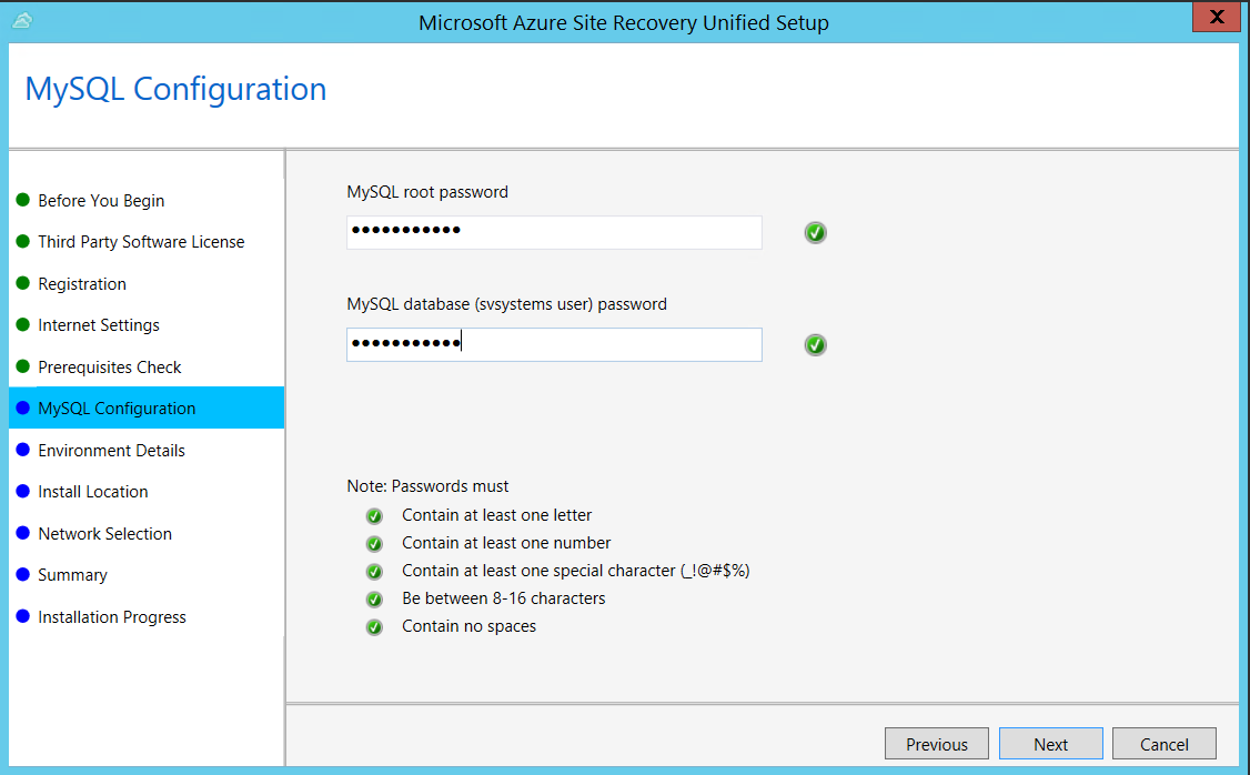 Screenshot of the MySQL Configuration screen in Unified Setup.