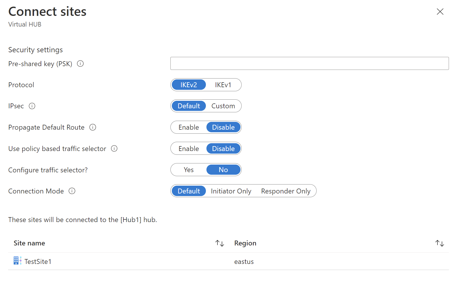 Screenshot shows the Connected Sites pane for Virtual HUB ready for a preshared key and associated settings.