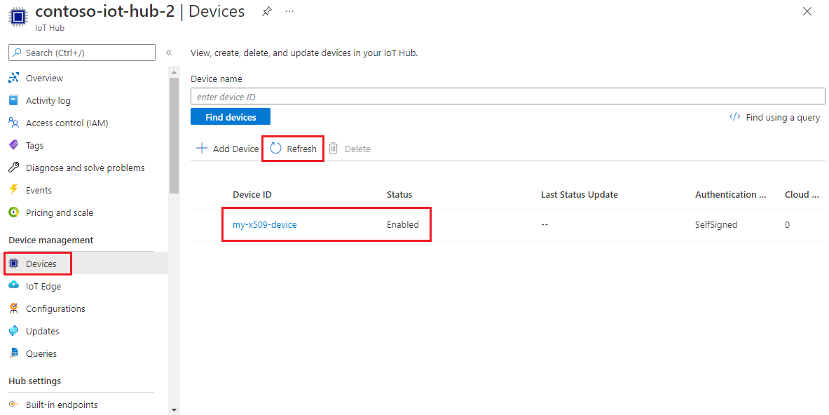 Screenshot that shows the device is registered with the IoT hub in Azure portal.