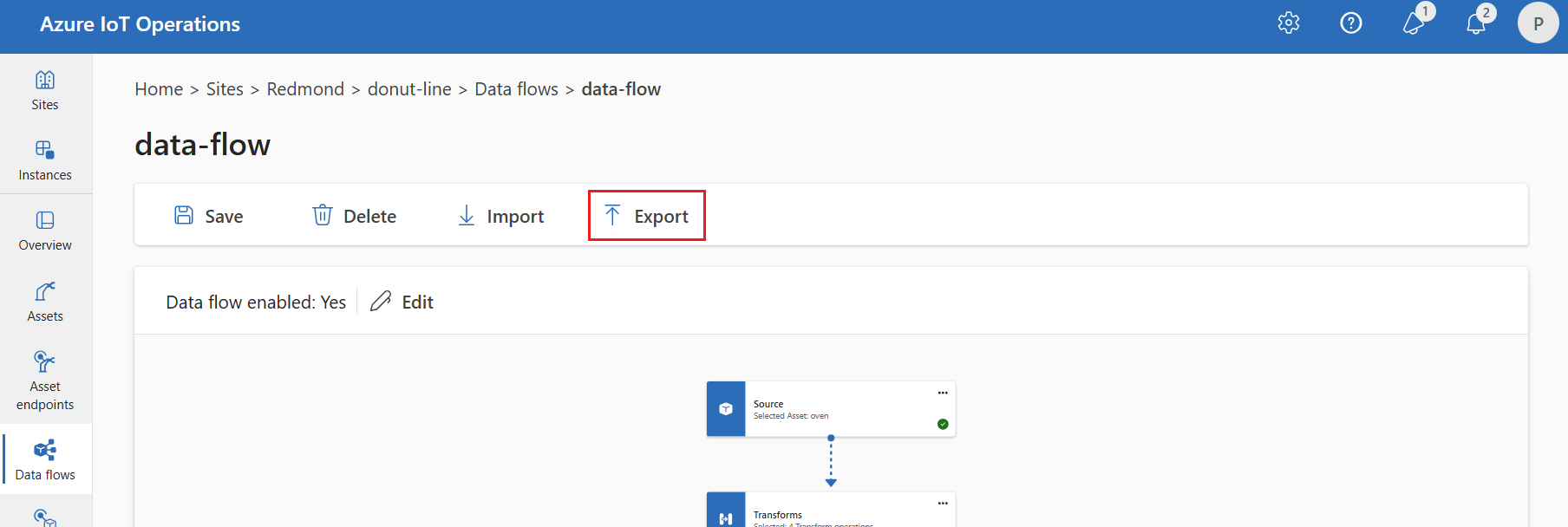 Screenshot using operations experience to export a dataflow.