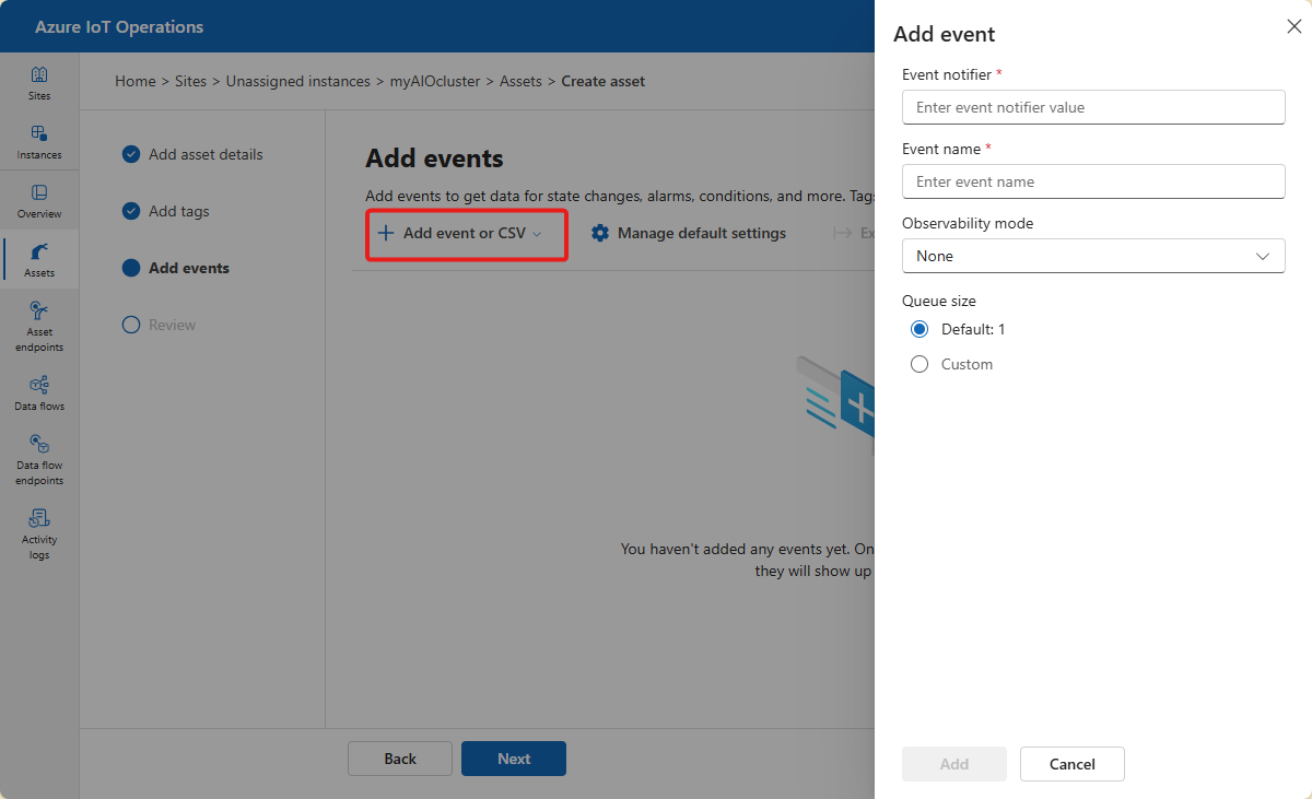 Screenshot that shows adding events in the operations experience.