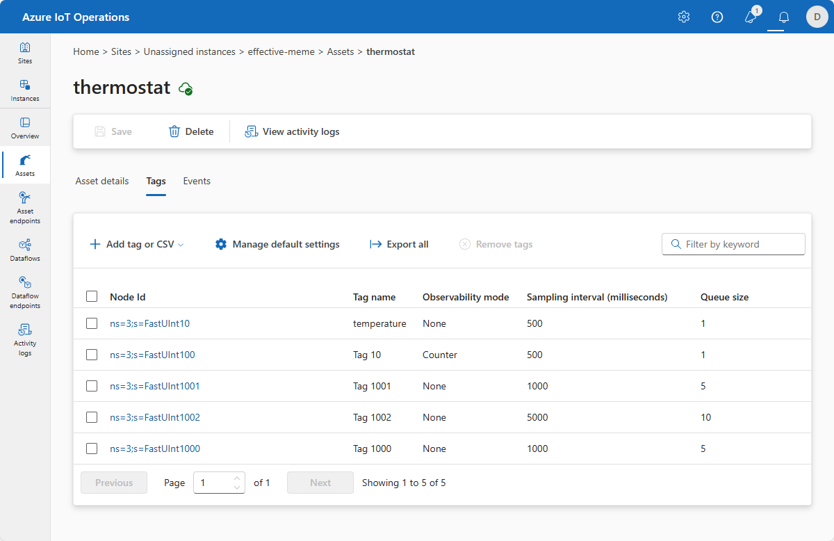 A screenshot that shows the thermostat asset in the operations experience.