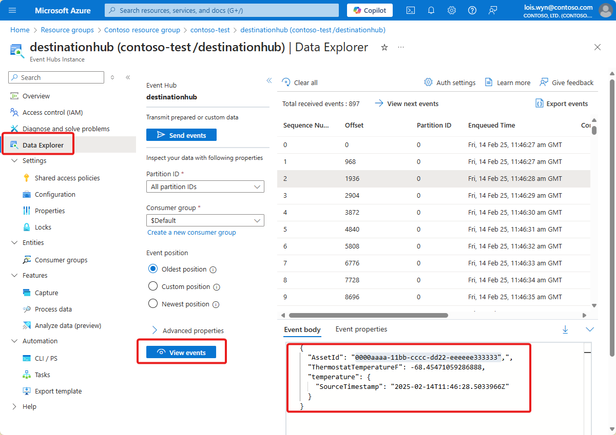 Screenshot of the Event Hubs instance **Data Explorer** page.