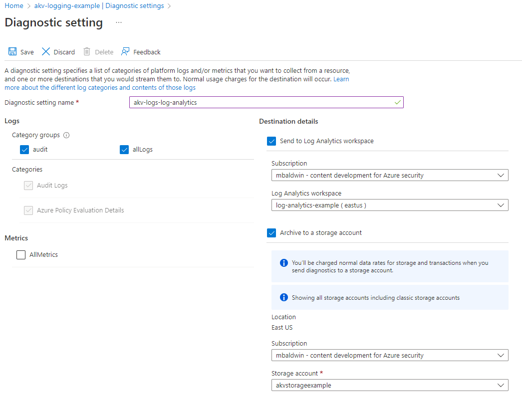 Screenshot of diagnostic settings options.