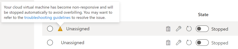 Screenshot that shows an alert message when the cursor hovers over an alert next to the lab VM name.