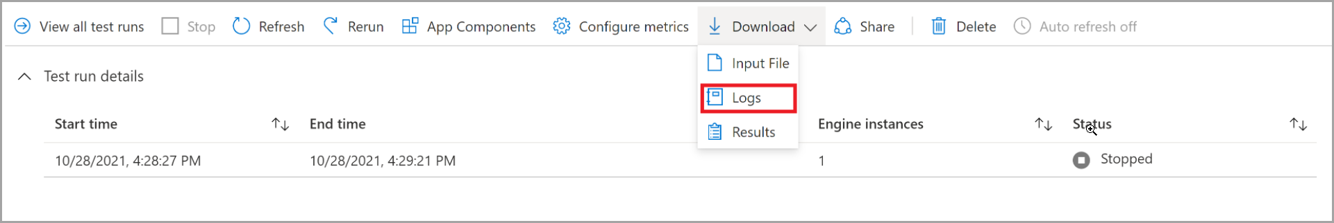 Screenshot that shows how to download the test log files from the test run details page.