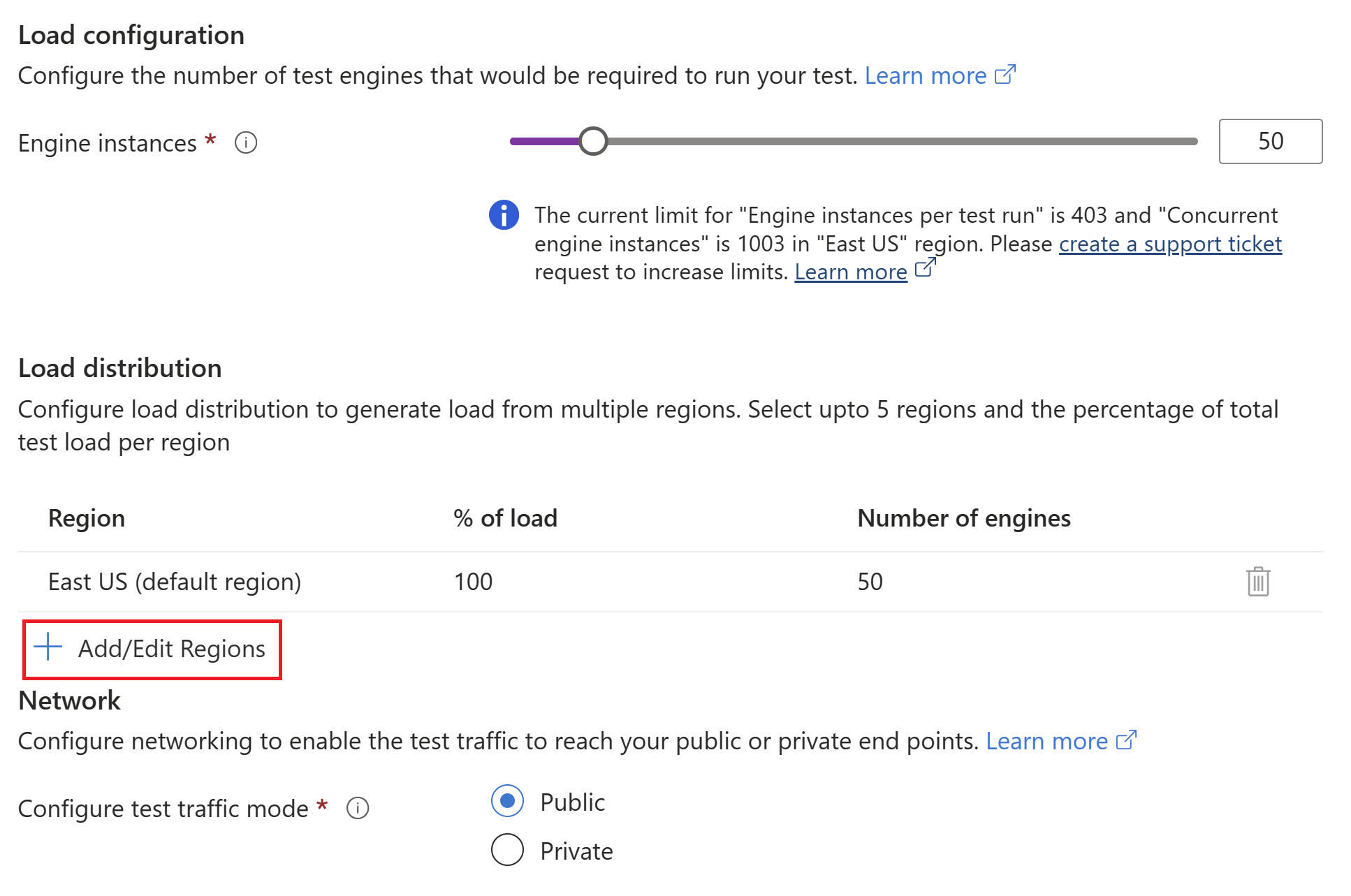 Screenshot that shows the option to add or edit regions for load distribution.