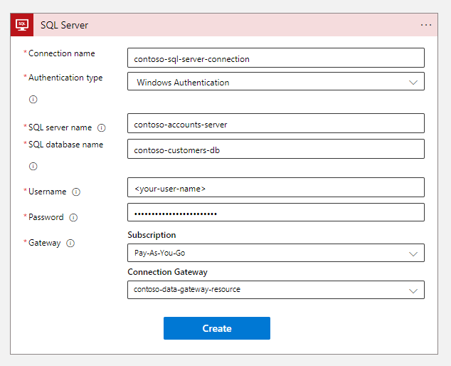 Screenshot shows SQL Server managed connector with values in the Connection Name, Authentication Type, and other parameter boxes.