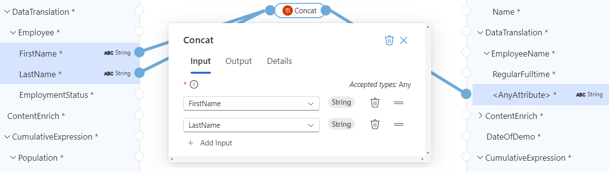 Screenshot shows finished mappings between multiple inputs, Concat function, and target element.