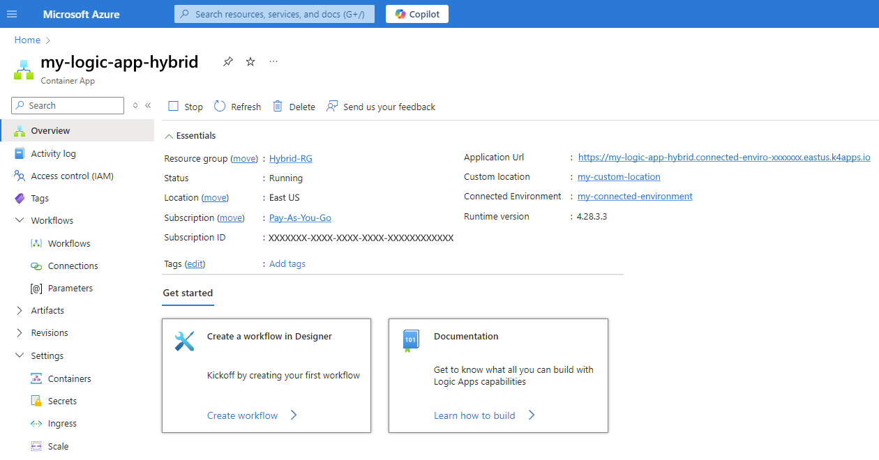 Screenshot shows Azure portal with Standard logic app for hybrid deployment created as a container app.