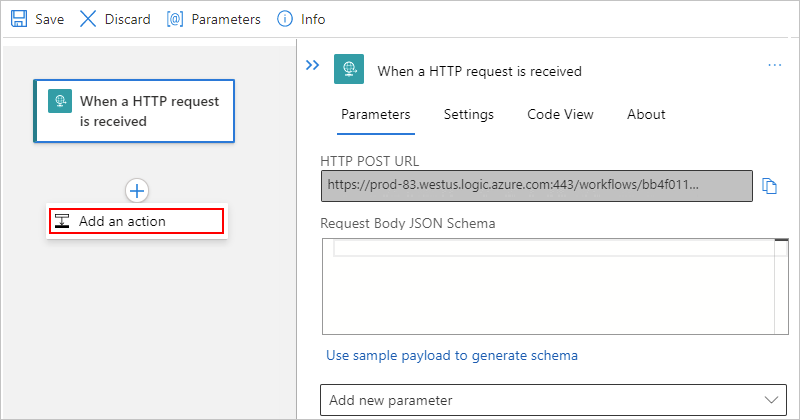 Screenshot showing single-tenant designer and trigger with the plus sign selected.