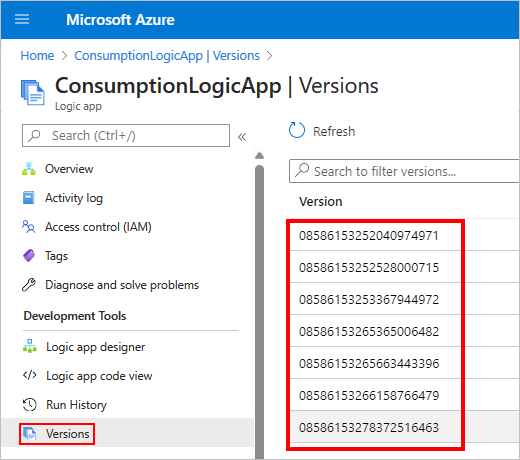 Screenshot shows Azure portal, Consumption logic app menu with Versions selected, and previous logic app versions.