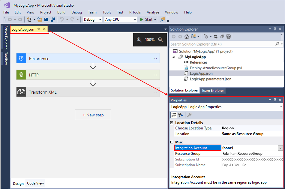 Screenshot shows the Properties window and the property named Integration Account.