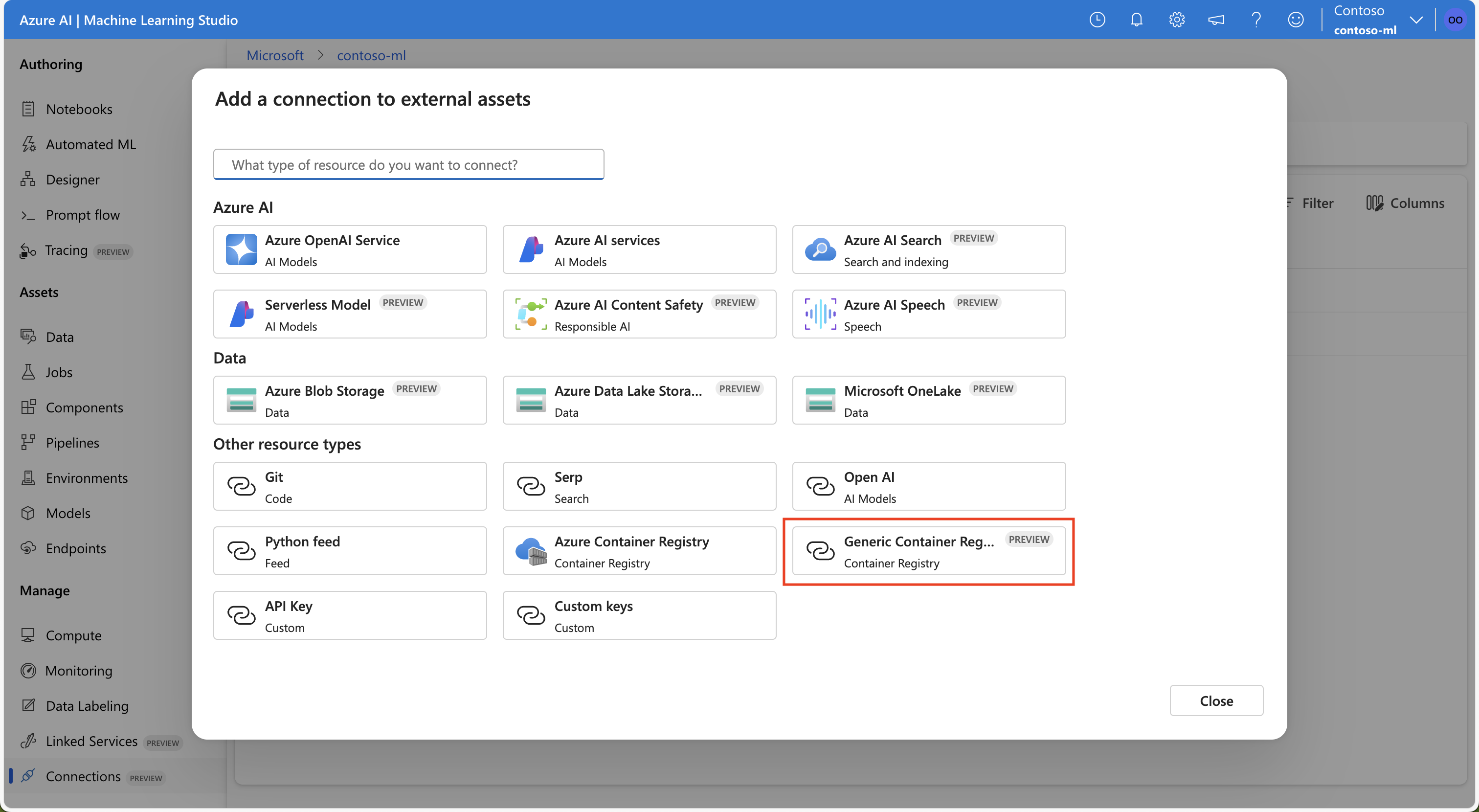 Screenshot highlighting the option to connect to a generic container registry in Azure Machine Learning studio UI.