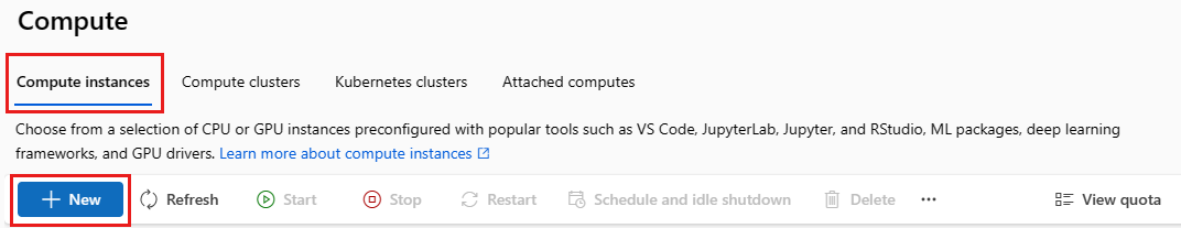 Screenshot shows selecting new above the list of compute resources.