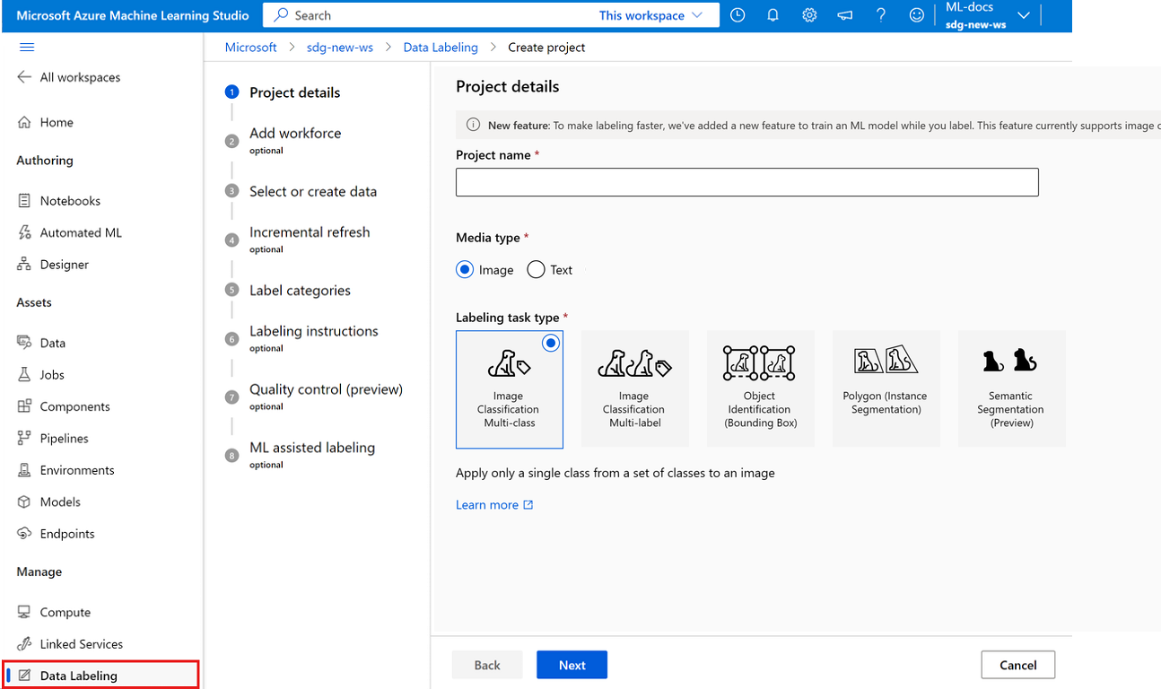 Screenshot that shows creating a labeling project to manage the labeling task.