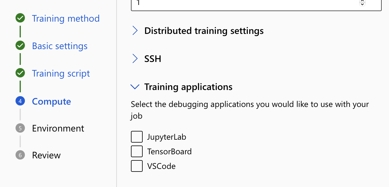 Screenshot of selecting a training application for the user to use for a job.